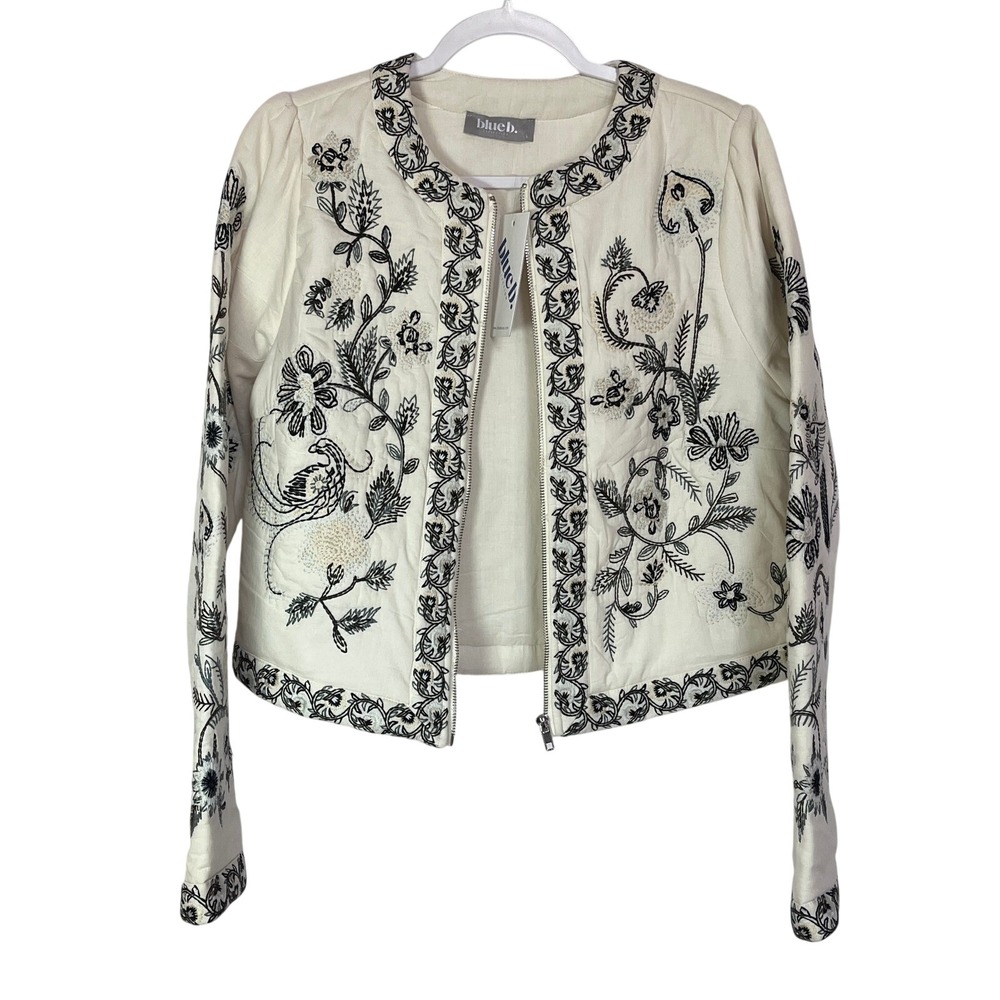 Blue B Collection Womens Ivory Black Floral Embroidered Quilted Zip Jacket L